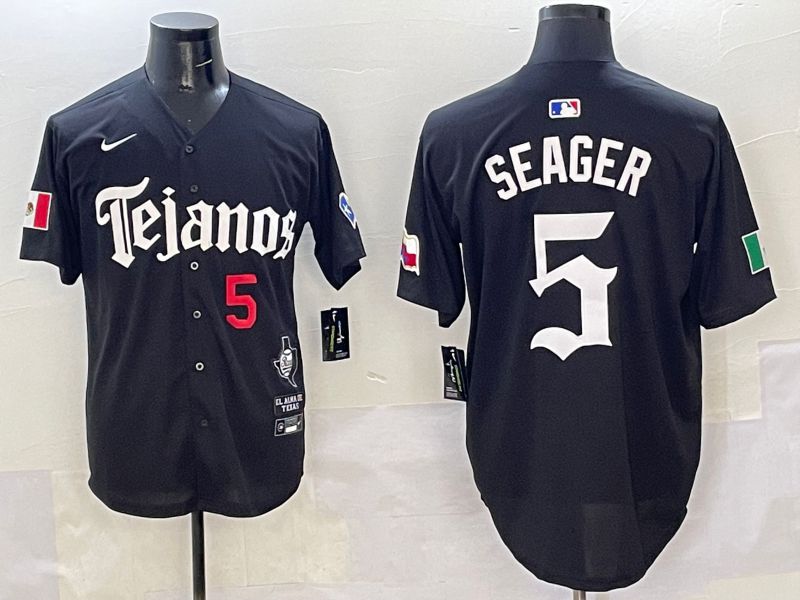 Men Texas Rangers 5 Seager Black Five generations Joint Name 2025 Nike MLB Jersey style 2